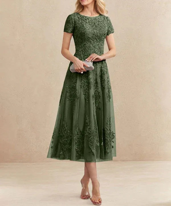 A-line Scoop Tea-Length Tulle Lace Mother of the Bride Dress
