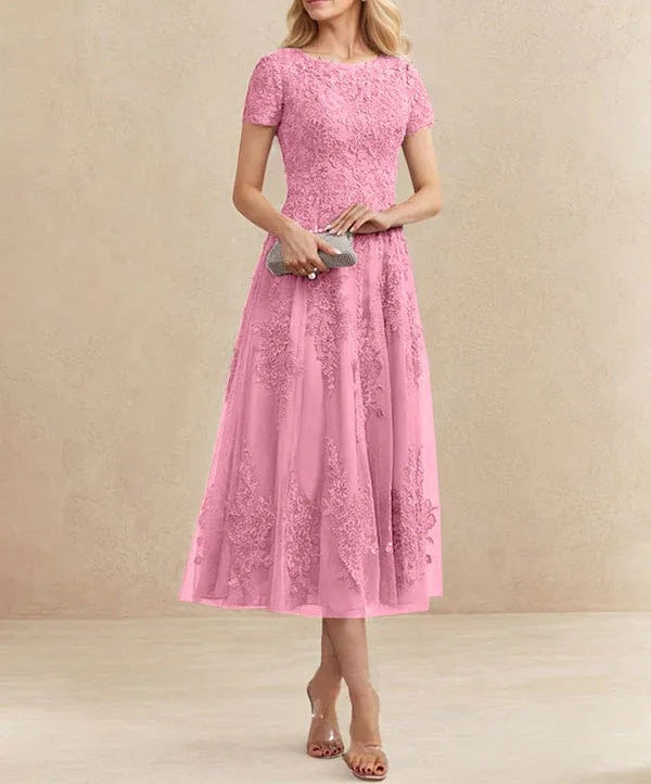 A-line Scoop Tea-Length Tulle Lace Mother of the Bride Dress