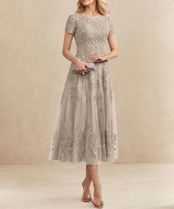 A-line Scoop Tea-Length Tulle Lace Mother of the Bride Dress