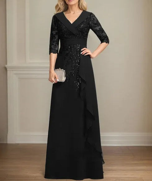 A-line Collared V-Neck Floor-Length Lace Chiffon Mother of the Bride Dress With Sequins Cascading Ruffles