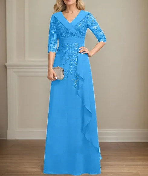 A-line Collared V-Neck Floor-Length Lace Chiffon Mother of the Bride Dress With Sequins Cascading Ruffles