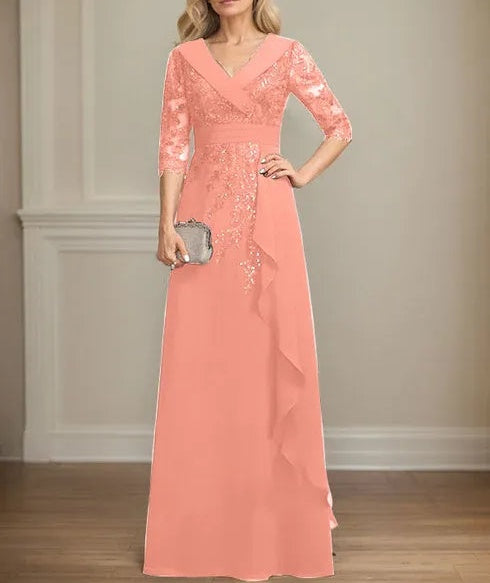A-line Collared V-Neck Floor-Length Lace Chiffon Mother of the Bride Dress With Sequins Cascading Ruffles