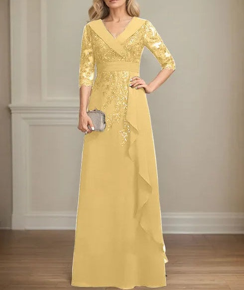 A-line Collared V-Neck Floor-Length Lace Chiffon Mother of the Bride Dress With Sequins Cascading Ruffles