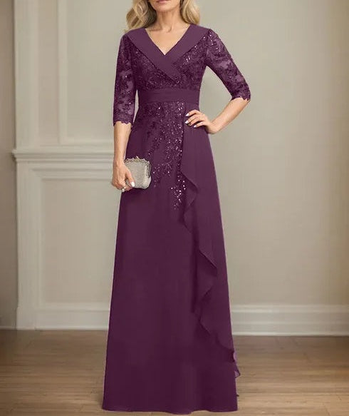 A-line Collared V-Neck Floor-Length Lace Chiffon Mother of the Bride Dress With Sequins Cascading Ruffles