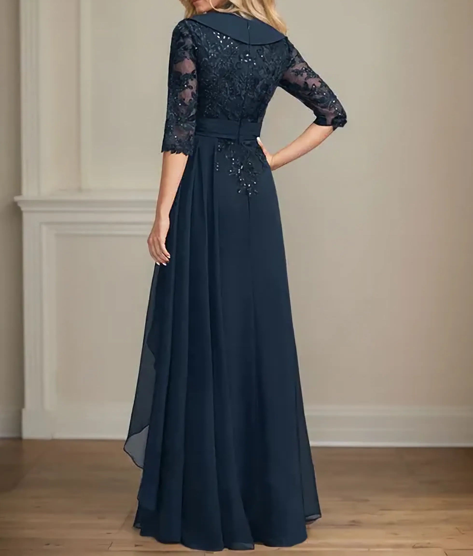 A-line Collared V-Neck Floor-Length Lace Chiffon Mother of the Bride Dress With Sequins Cascading Ruffles