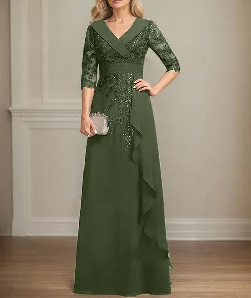 A-line Collared V-Neck Floor-Length Lace Chiffon Mother of the Bride Dress With Sequins Cascading Ruffles