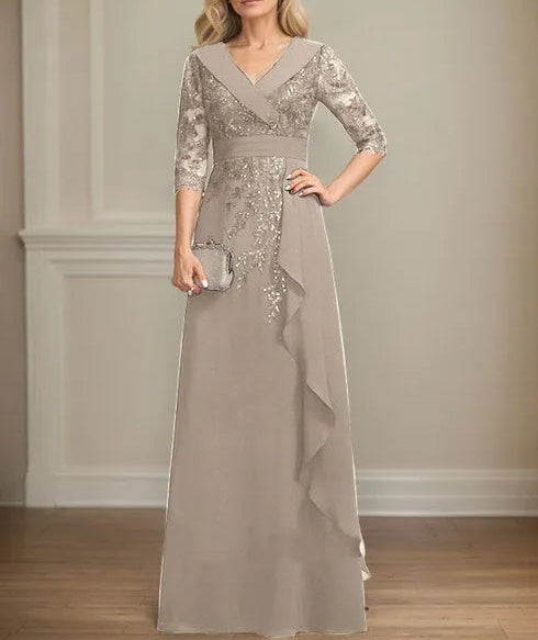 A-line Collared V-Neck Floor-Length Lace Chiffon Mother of the Bride Dress With Sequins Cascading Ruffles