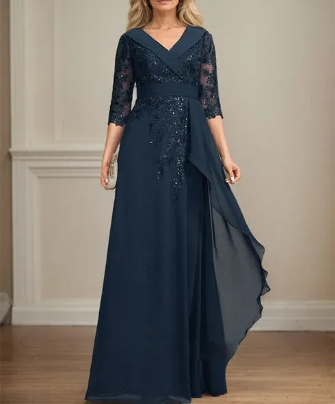 A-line Collared V-Neck Floor-Length Lace Chiffon Mother of the Bride Dress With Sequins Cascading Ruffles