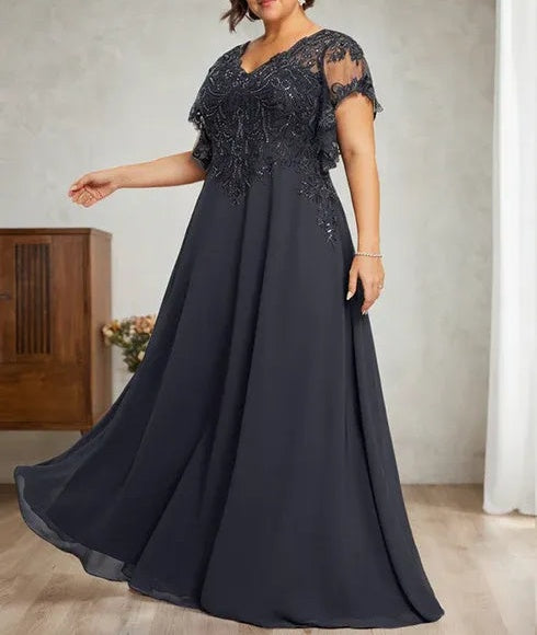 A-line V-Neck Floor-Length Lace Chiffon Mother of the Bride Dress With Sequins