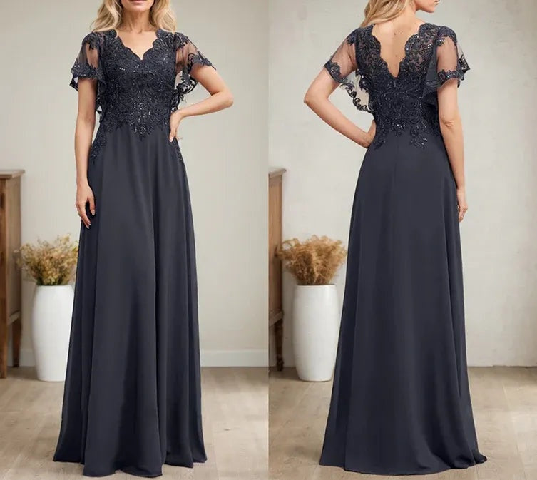 A-line V-Neck Floor-Length Lace Chiffon Mother of the Bride Dress With Sequins