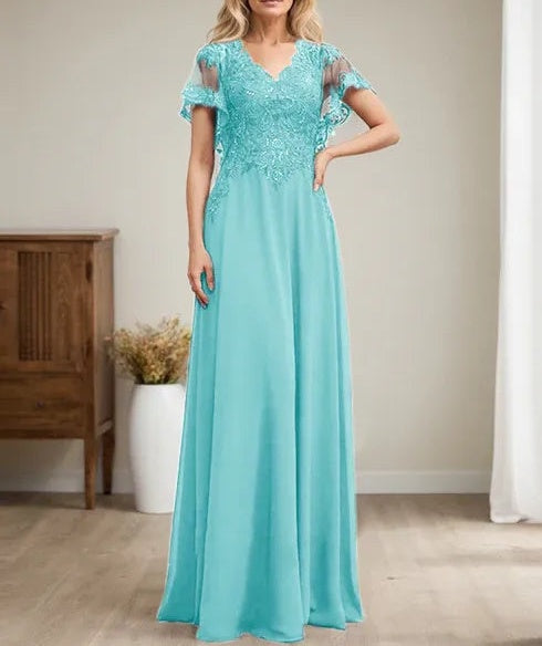 A-line V-Neck Floor-Length Lace Chiffon Mother of the Bride Dress With Sequins