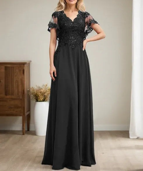 A-line V-Neck Floor-Length Lace Chiffon Mother of the Bride Dress With Sequins
