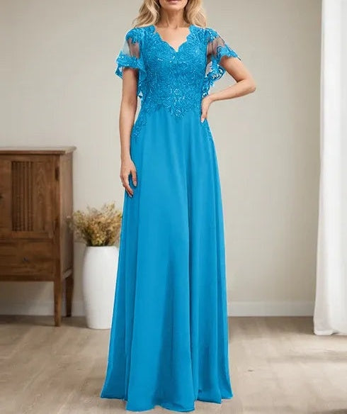 A-line V-Neck Floor-Length Lace Chiffon Mother of the Bride Dress With Sequins
