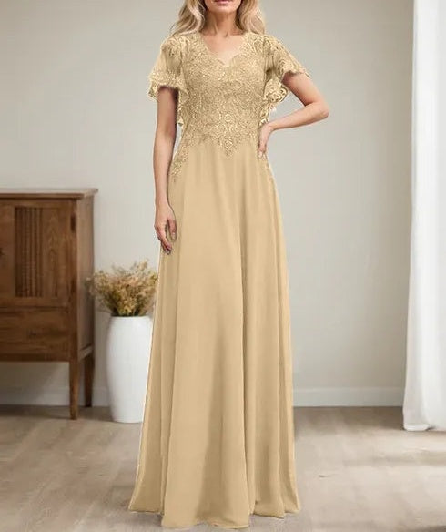 A-line V-Neck Floor-Length Lace Chiffon Mother of the Bride Dress With Sequins