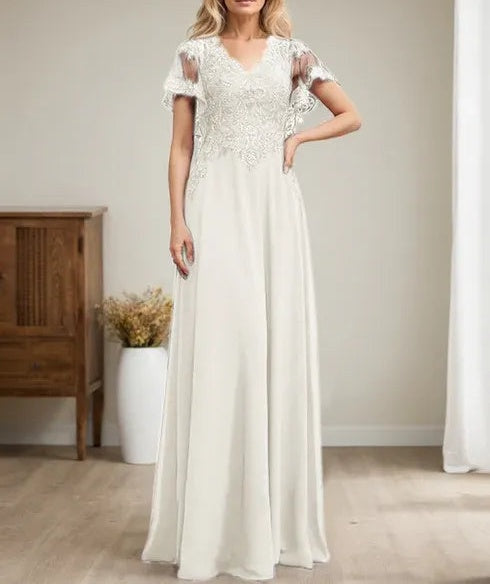 A-line V-Neck Floor-Length Lace Chiffon Mother of the Bride Dress With Sequins