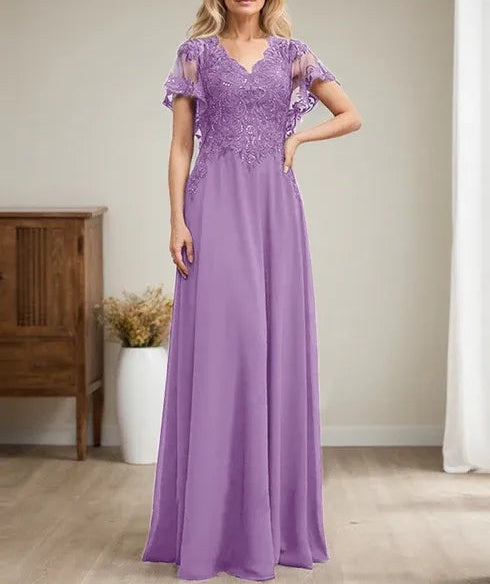 A-line V-Neck Floor-Length Lace Chiffon Mother of the Bride Dress With Sequins