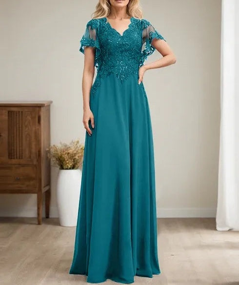 A-line V-Neck Floor-Length Lace Chiffon Mother of the Bride Dress With Sequins