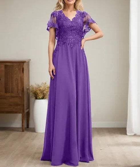 A-line V-Neck Floor-Length Lace Chiffon Mother of the Bride Dress With Sequins