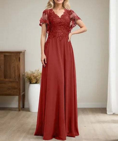 A-line V-Neck Floor-Length Lace Chiffon Mother of the Bride Dress With Sequins