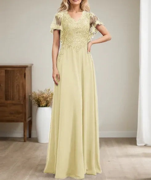A-line V-Neck Floor-Length Lace Chiffon Mother of the Bride Dress With Sequins