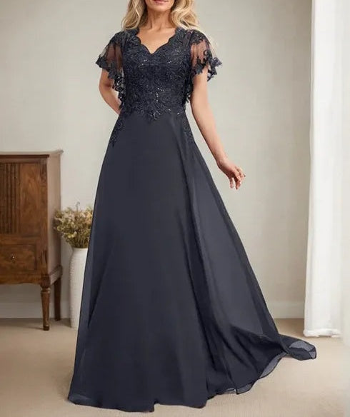 A-line V-Neck Floor-Length Lace Chiffon Mother of the Bride Dress With Sequins