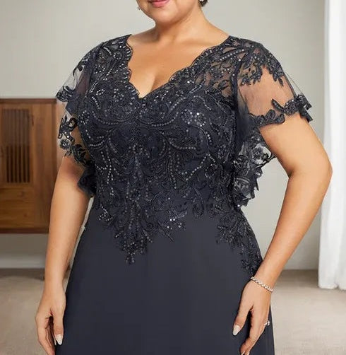 A-line V-Neck Floor-Length Lace Chiffon Mother of the Bride Dress With Sequins