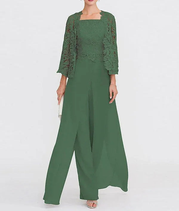 3 Piece Chiffon Square Neck Mother of the Bride Pantsuits with Jacket