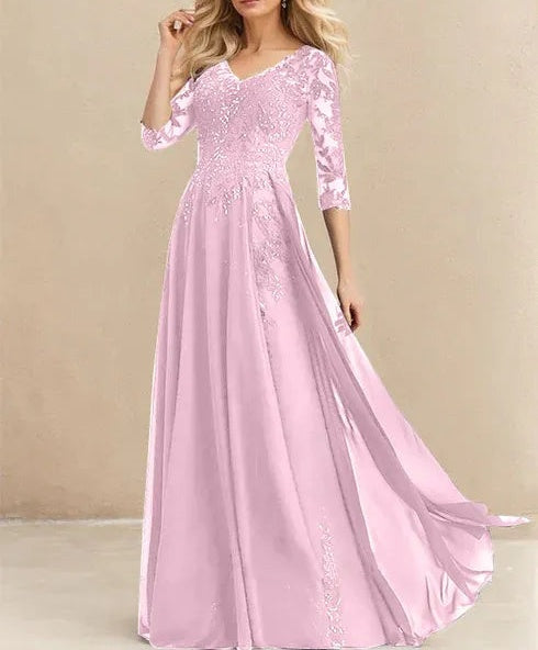 A-line V-Neck Floor-Length Lace Chiffon Mother of the Bride Dress With Sequins
