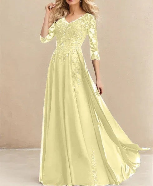 A-line V-Neck Floor-Length Lace Chiffon Mother of the Bride Dress With Sequins