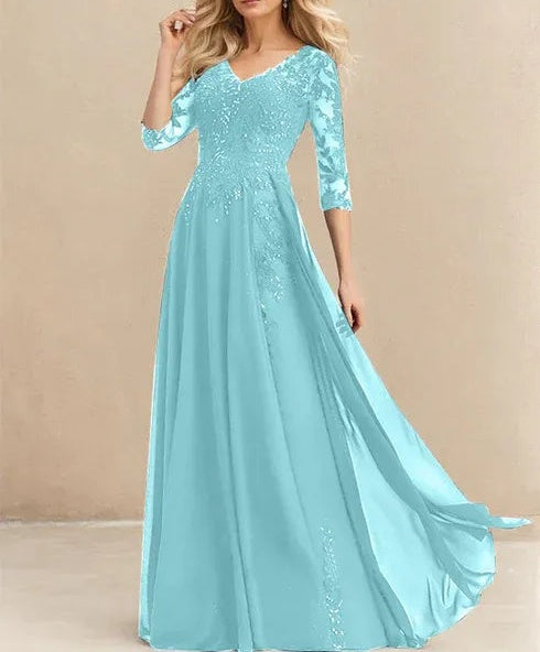 A-line V-Neck Floor-Length Lace Chiffon Mother of the Bride Dress With Sequins