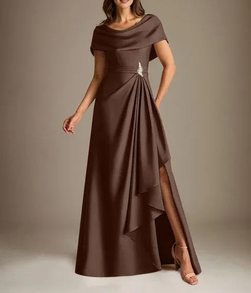 A-Line Scoop Floor-Length Stretch Satin Mother of the Bride Dress With Cascading Ruffles