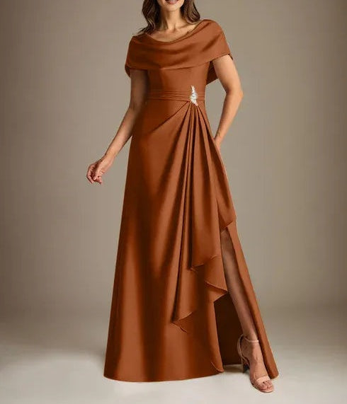 A-Line Scoop Floor-Length Stretch Satin Mother of the Bride Dress With Cascading Ruffles