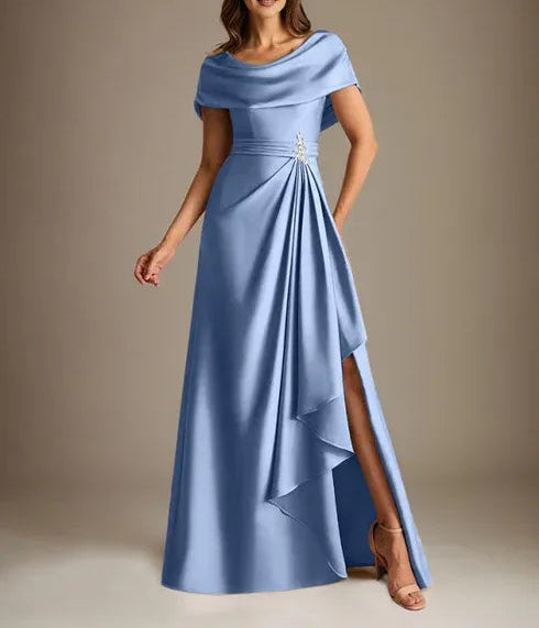 A-Line Scoop Floor-Length Stretch Satin Mother of the Bride Dress With Cascading Ruffles