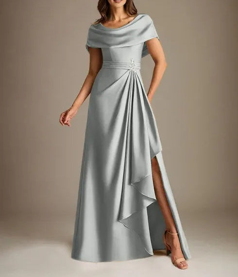 A-Line Scoop Floor-Length Stretch Satin Mother of the Bride Dress With Cascading Ruffles