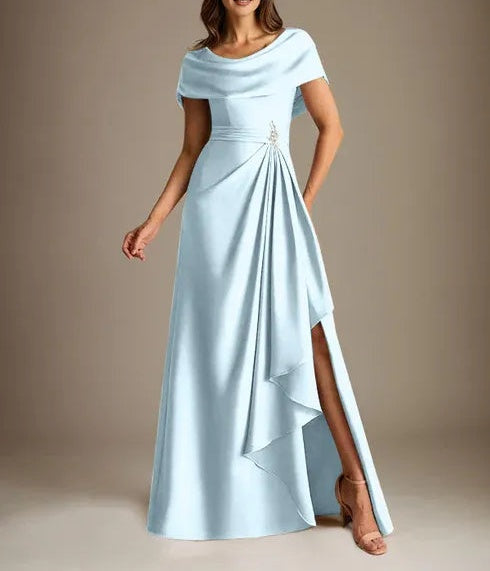 A-Line Scoop Floor-Length Stretch Satin Mother of the Bride Dress With Cascading Ruffles