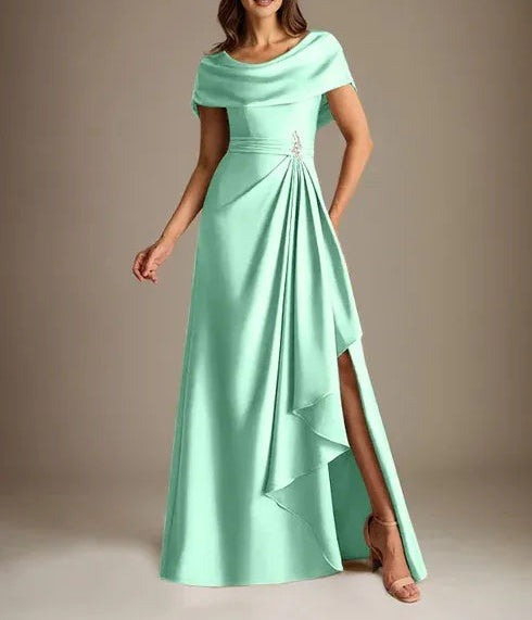A-Line Scoop Floor-Length Stretch Satin Mother of the Bride Dress With Cascading Ruffles
