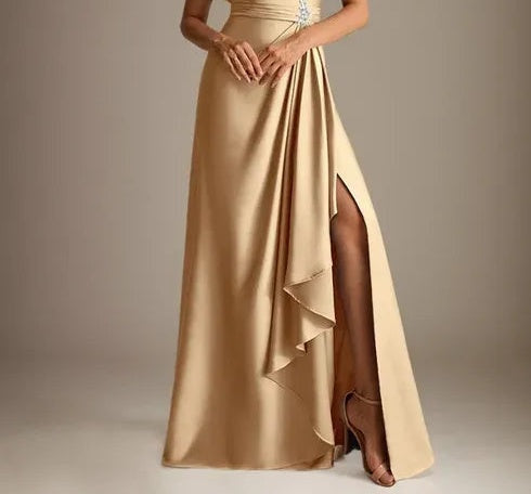 A-Line Scoop Floor-Length Stretch Satin Mother of the Bride Dress With Cascading Ruffles