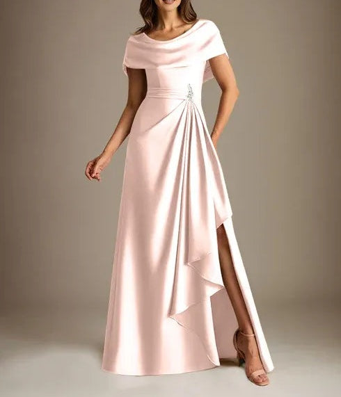 A-Line Scoop Floor-Length Stretch Satin Mother of the Bride Dress With Cascading Ruffles