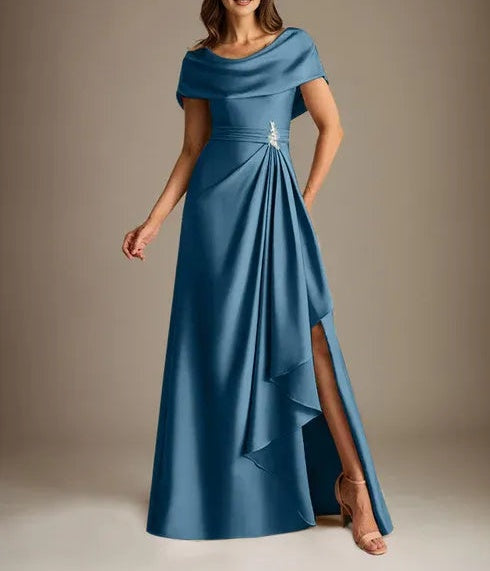A-Line Scoop Floor-Length Stretch Satin Mother of the Bride Dress With Cascading Ruffles