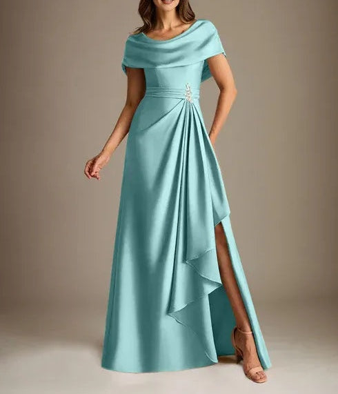 A-Line Scoop Floor-Length Stretch Satin Mother of the Bride Dress With Cascading Ruffles