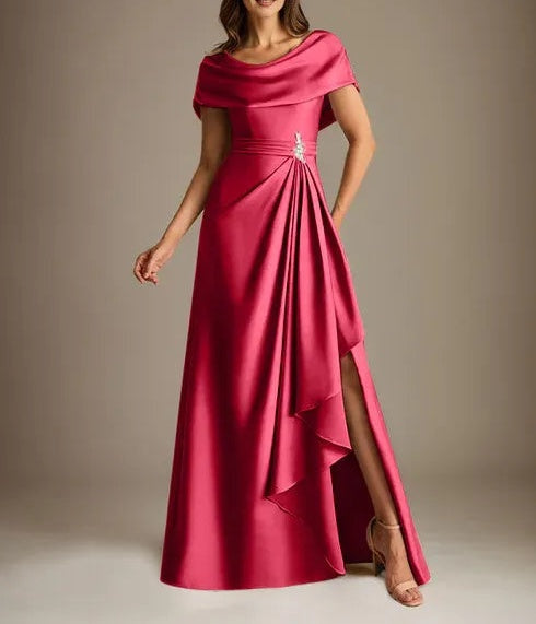 A-Line Scoop Floor-Length Stretch Satin Mother of the Bride Dress With Cascading Ruffles