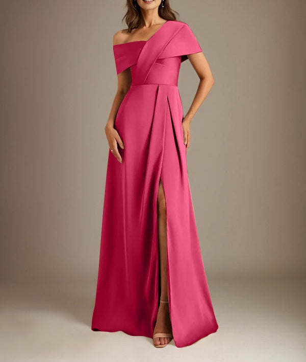 A-Line Asymmetrical Neckline Floor-Length Satin Mother of the Bride Dress With Pleated