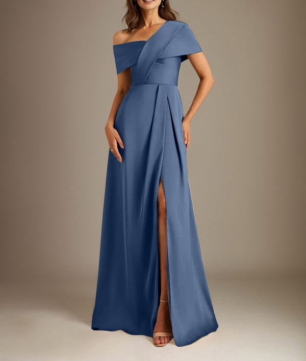 A-Line Asymmetrical Neckline Floor-Length Satin Mother of the Bride Dress With Pleated