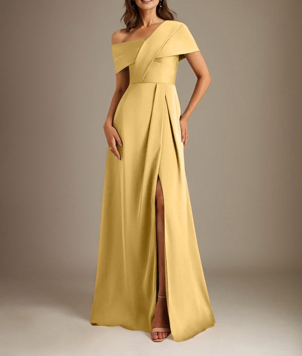 A-Line Asymmetrical Neckline Floor-Length Satin Mother of the Bride Dress With Pleated
