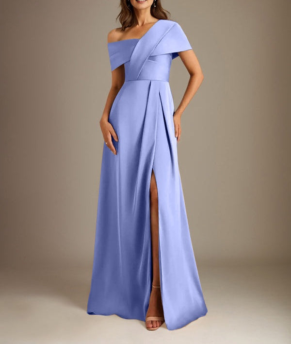 A-Line Asymmetrical Neckline Floor-Length Satin Mother of the Bride Dress With Pleated