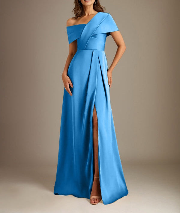 A-Line Asymmetrical Neckline Floor-Length Satin Mother of the Bride Dress With Pleated