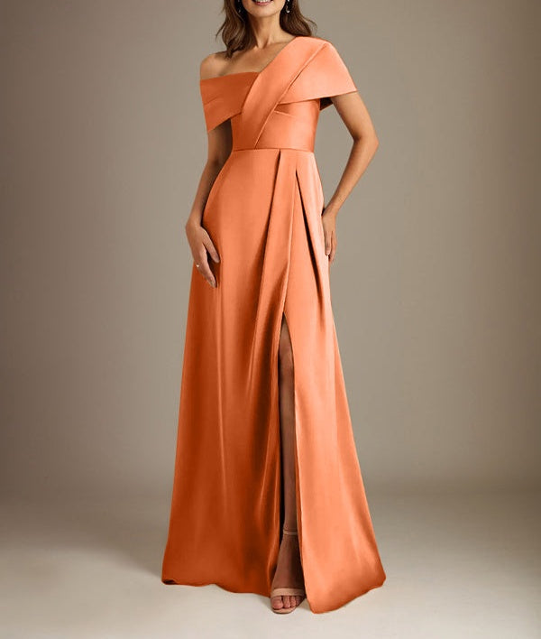 A-Line Asymmetrical Neckline Floor-Length Satin Mother of the Bride Dress With Pleated