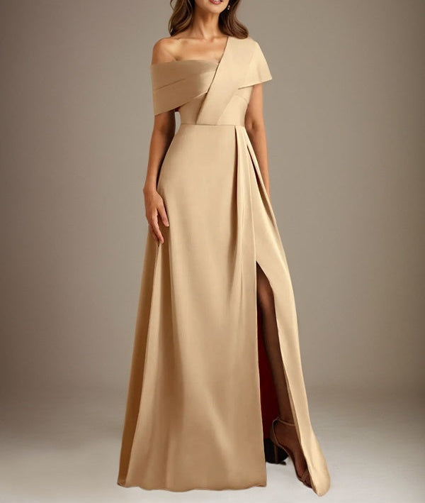 A-Line Asymmetrical Neckline Floor-Length Satin Mother of the Bride Dress With Pleated