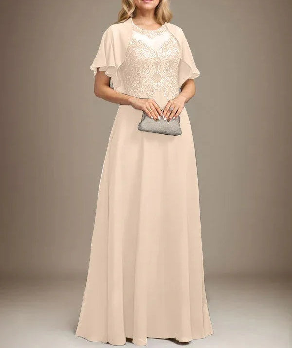 A-line Scoop Illusion Floor-Length Lace Chiffon Mother of the Bride Dress With Sequins