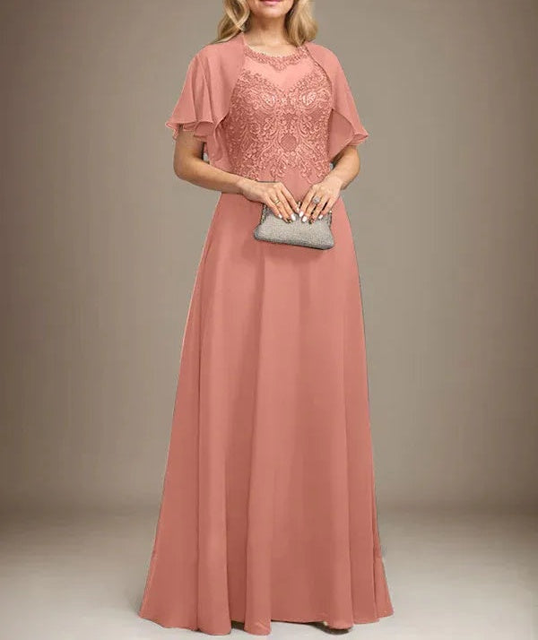 A-line Scoop Illusion Floor-Length Lace Chiffon Mother of the Bride Dress With Sequins